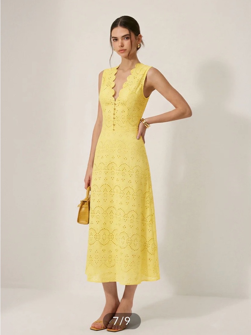 Commense Cotton Sleeveless Embroidered Eyelet Dress With Deep V Neck